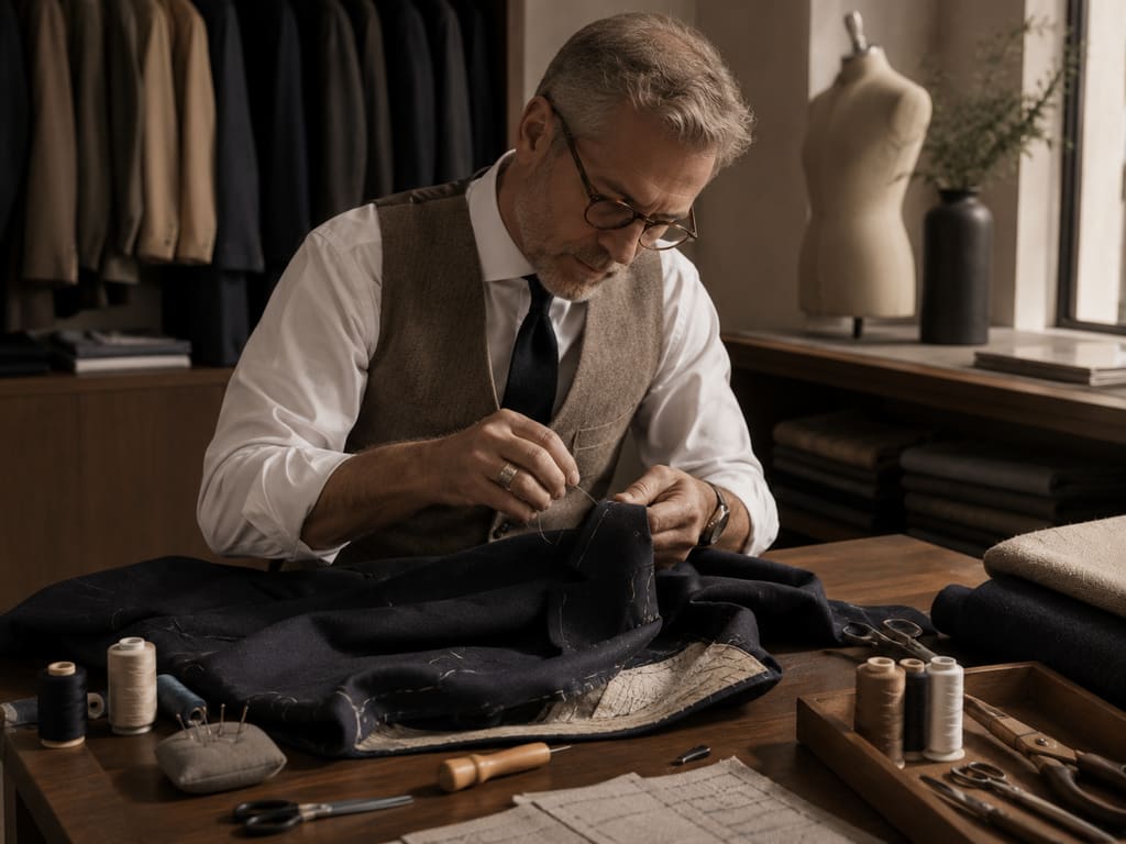Hand-finishing · Atelier Floor — a tailor stitches a navy jacket