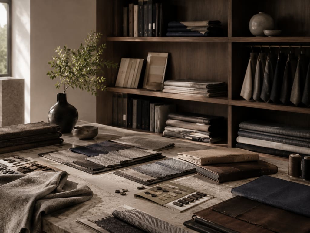 Material Library — cloth swatches, buttons, and reference books